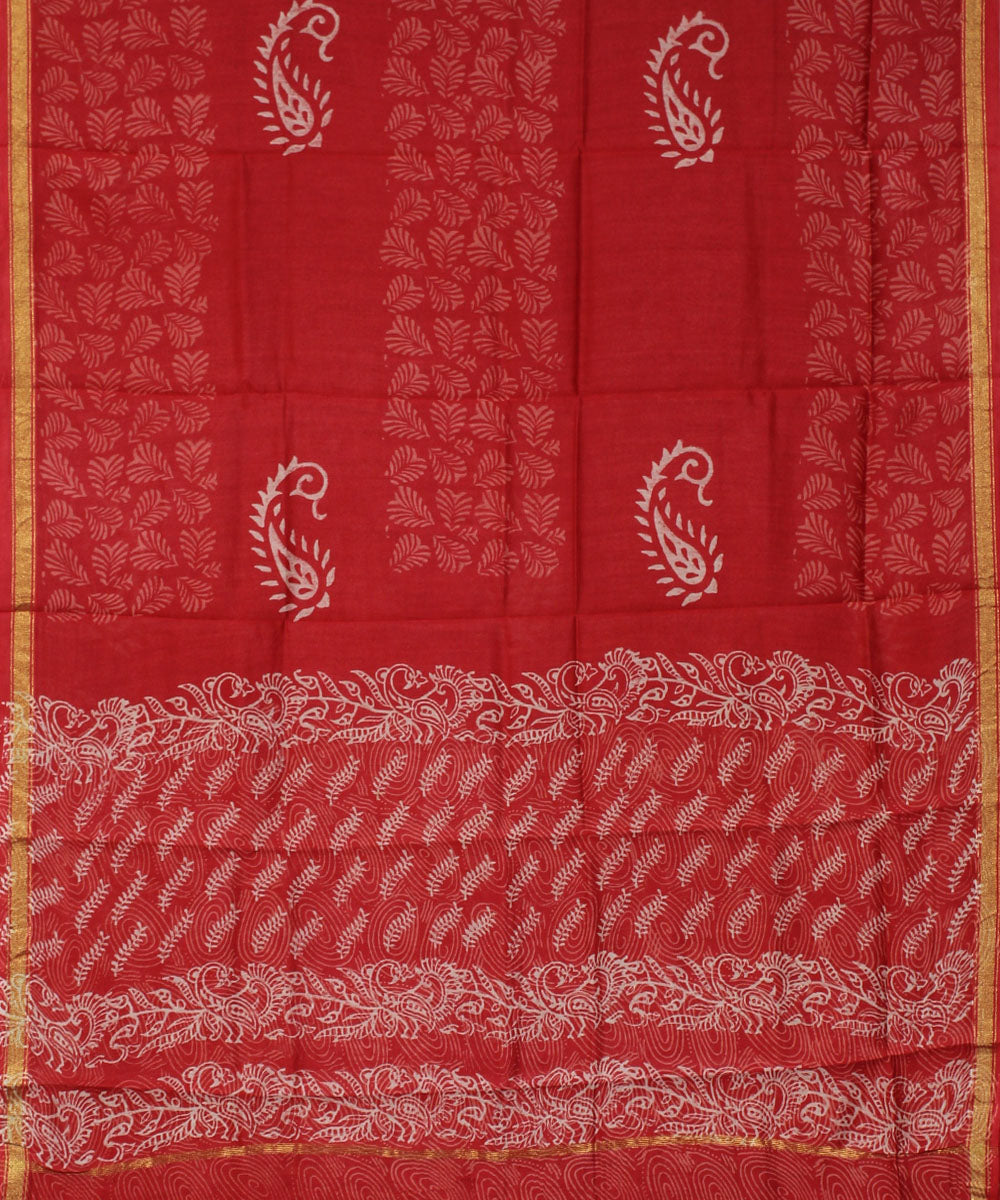 Rust handblock print cotton silk dress material set