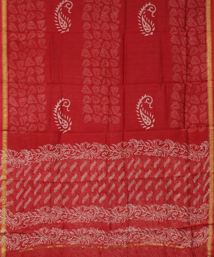 Rust handblock print cotton silk dress material set