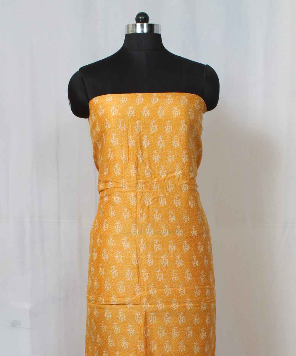 Yellow hand block printed cotton silk dress material set