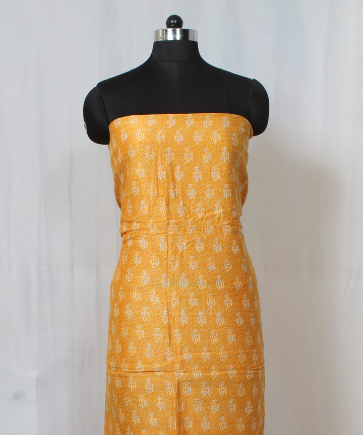 Yellow hand block printed cotton silk dress material set