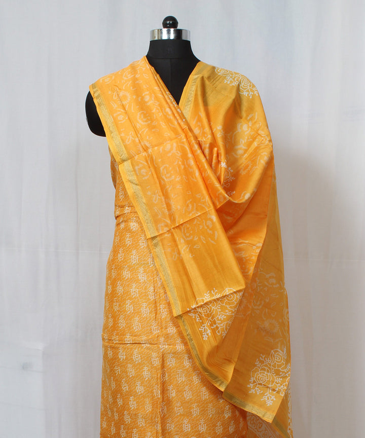 Yellow hand block printed cotton silk dress material set