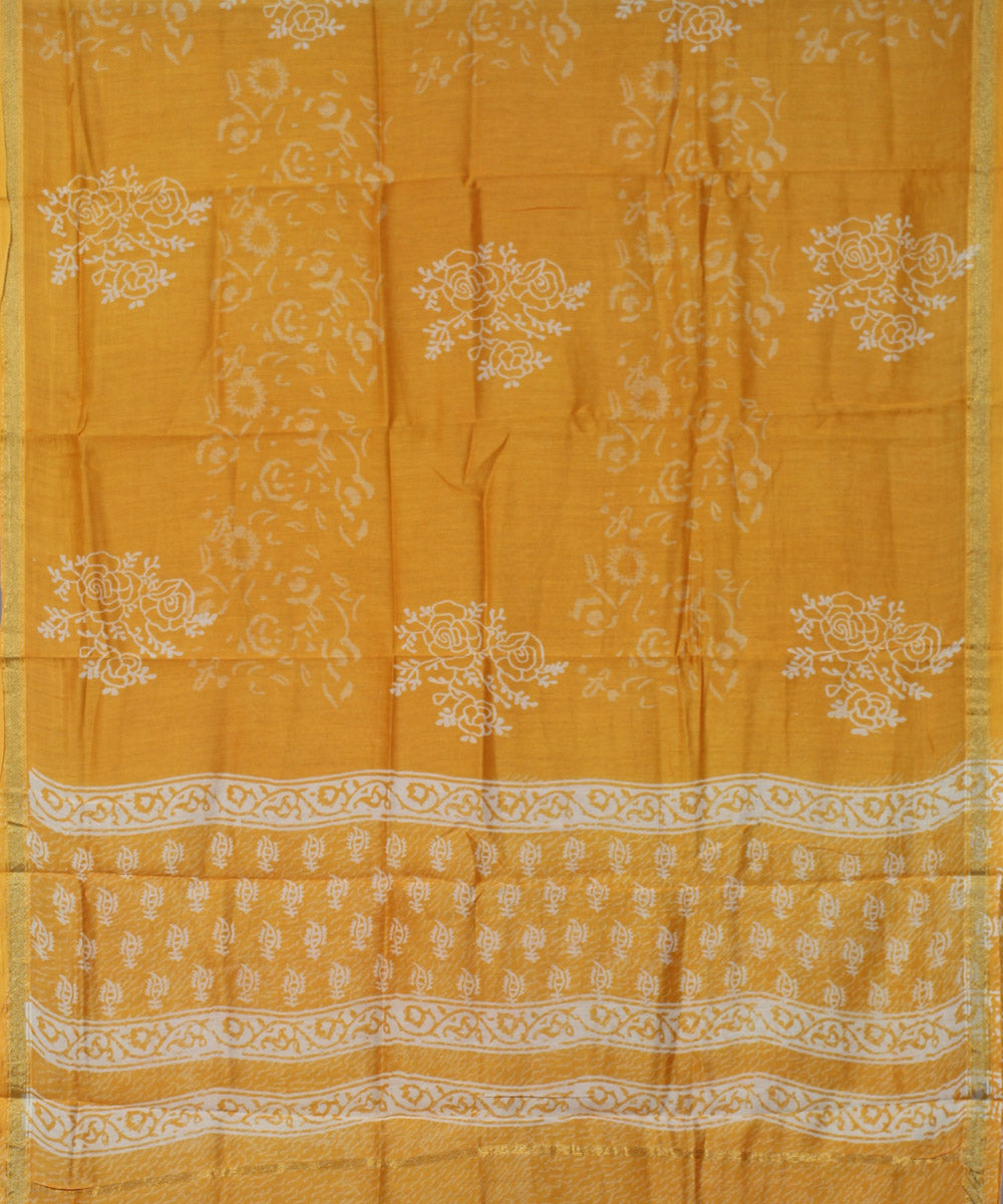 Yellow hand block printed cotton silk dress material set