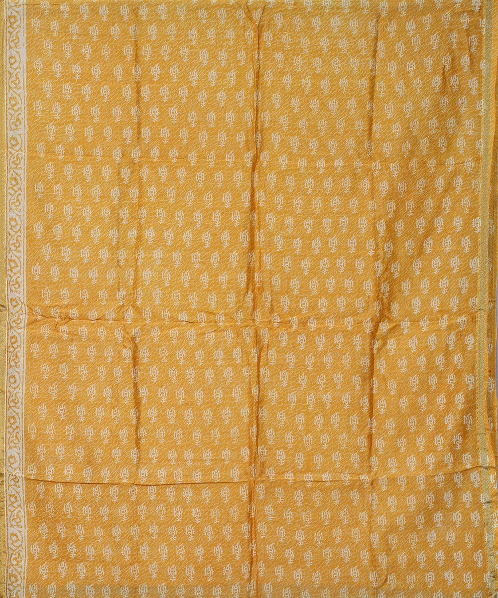 Yellow hand block printed cotton silk dress material set