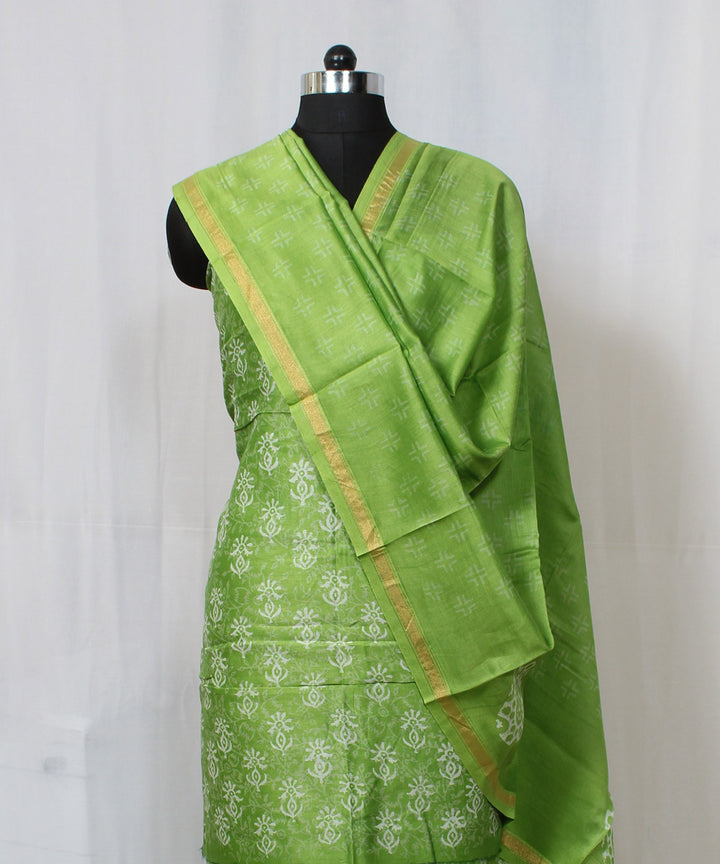 Green hand block printed cotton silk dress material set