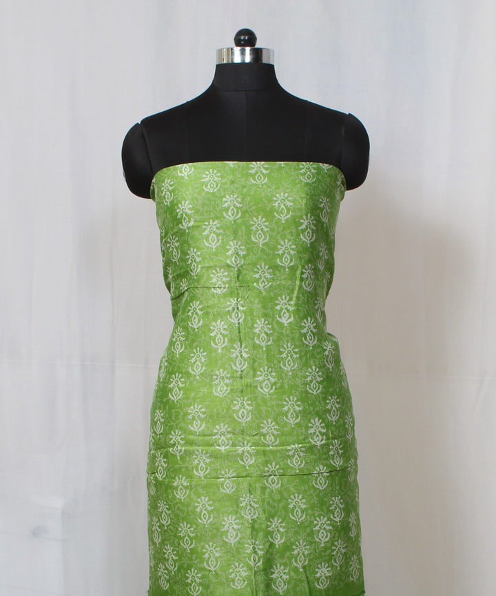 Green hand block printed cotton silk dress material set