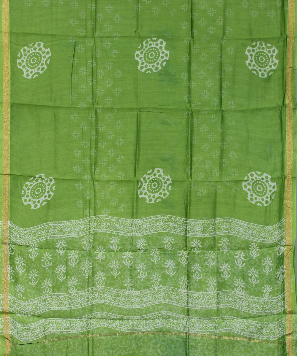 Green hand block printed cotton silk dress material set