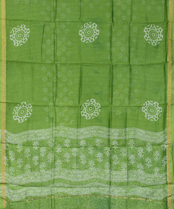 Green hand block printed cotton silk dress material set