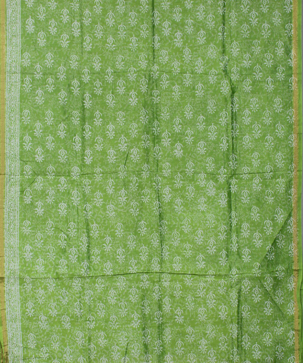 Green hand block printed cotton silk dress material set