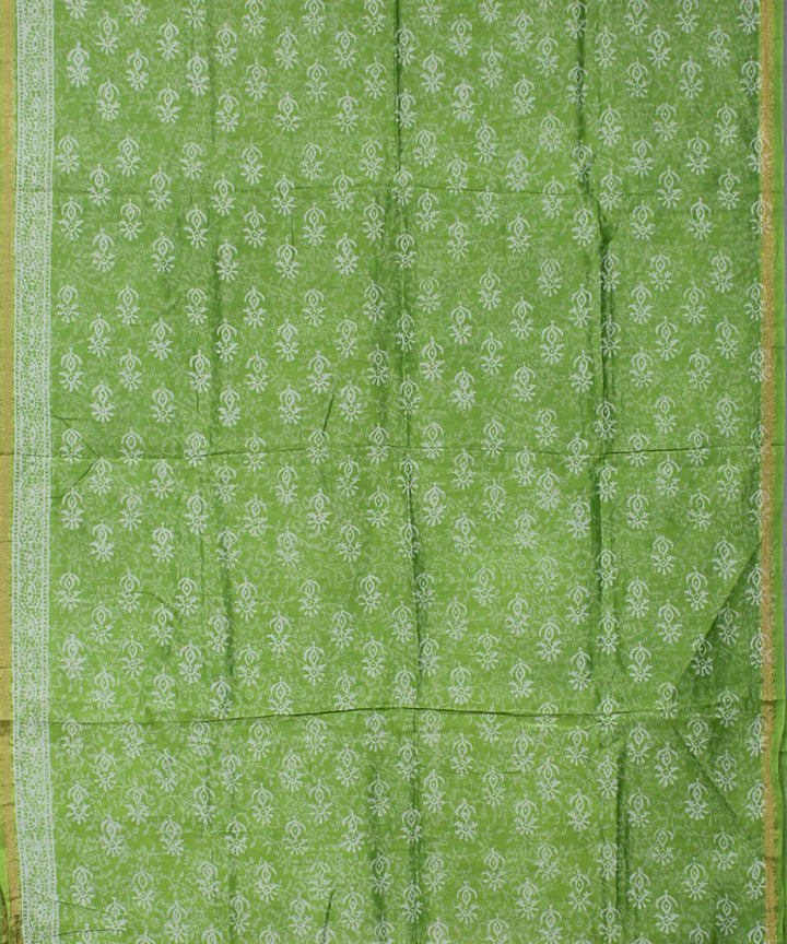 Green hand block printed cotton silk dress material set