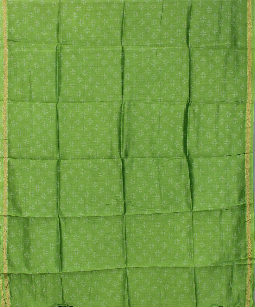Green hand block printed cotton silk dress material set