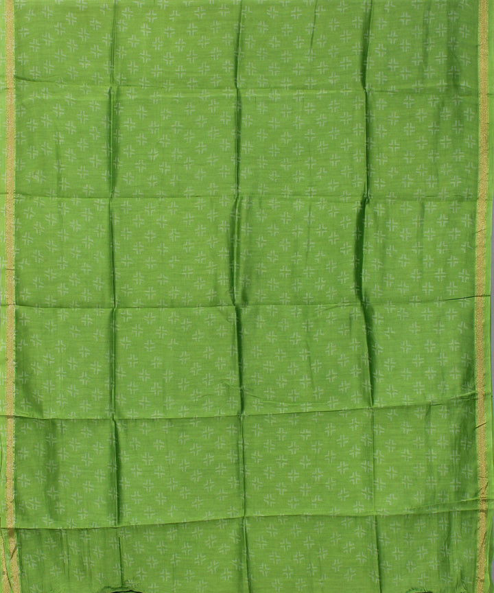 Green hand block printed cotton silk dress material set