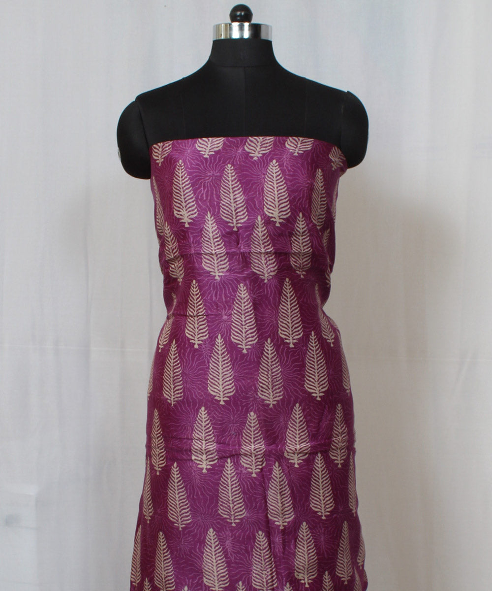 Purple hand block printed cotton silk dress material set