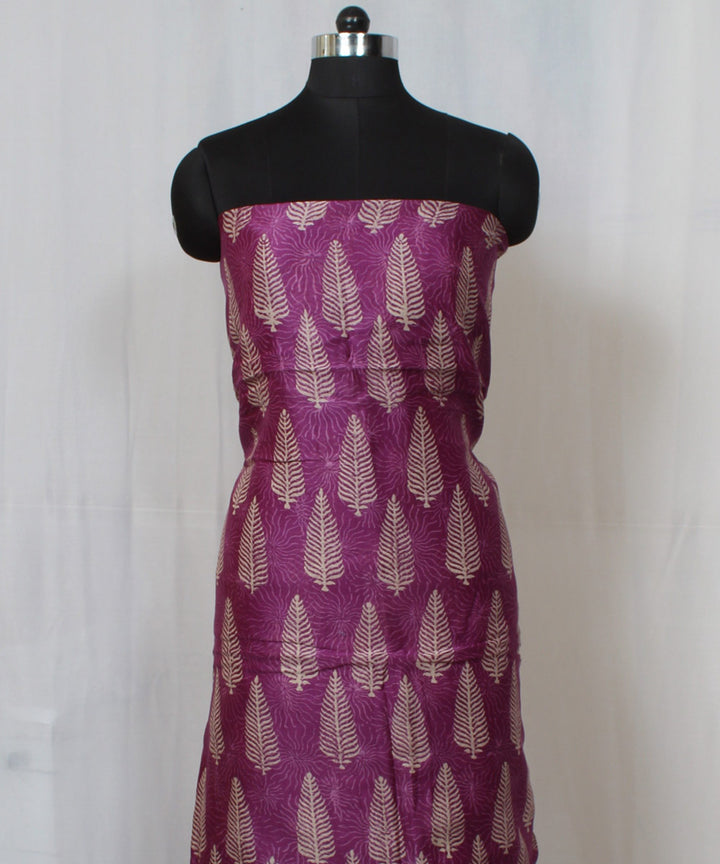 Purple hand block printed cotton silk dress material set