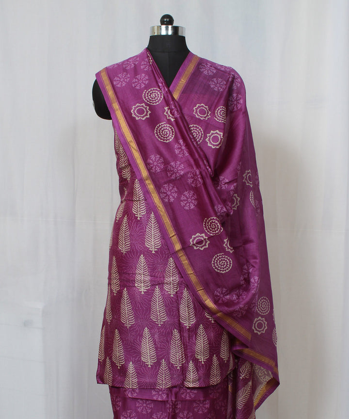 Purple hand block printed cotton silk dress material set