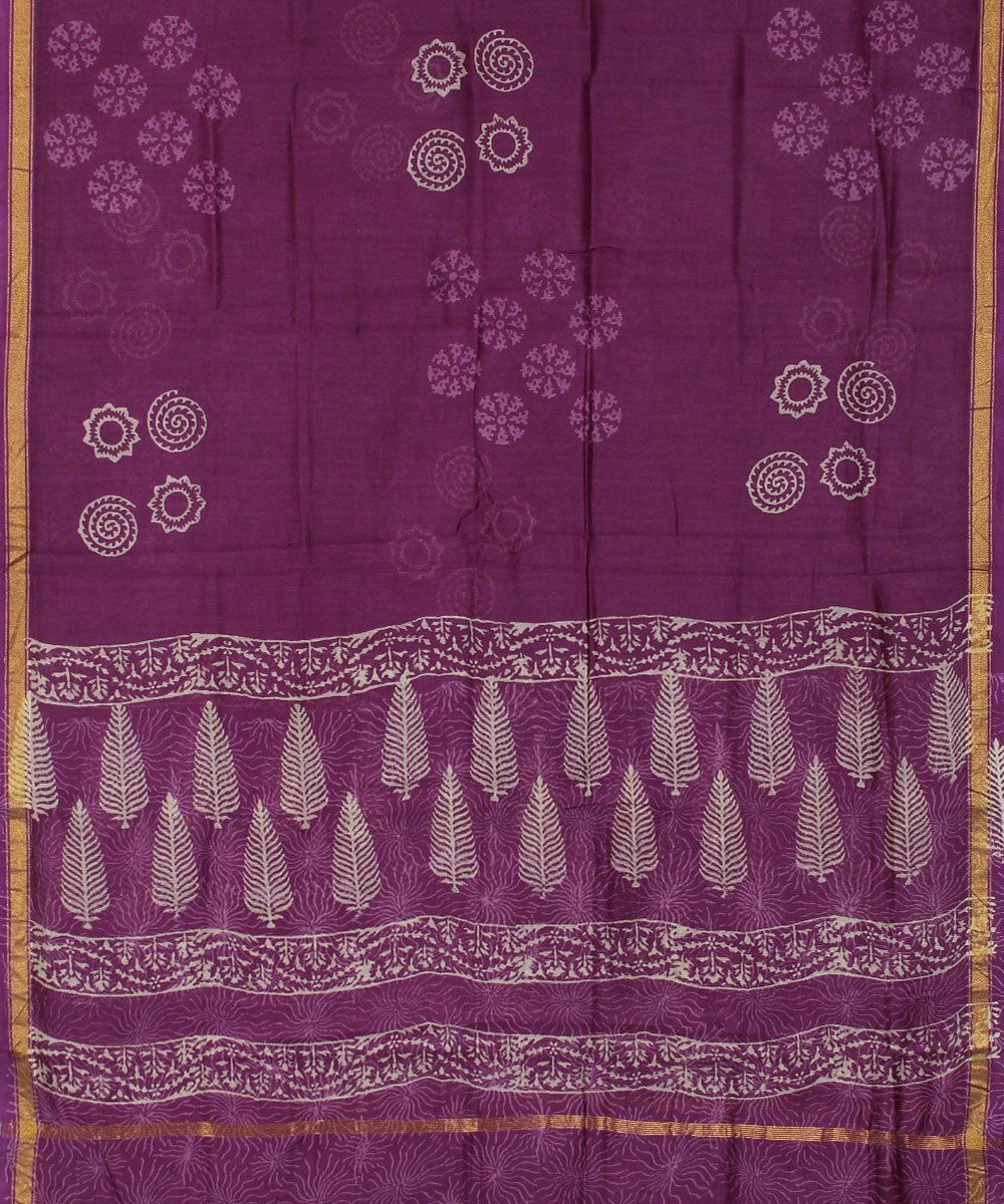 Purple hand block printed cotton silk dress material set