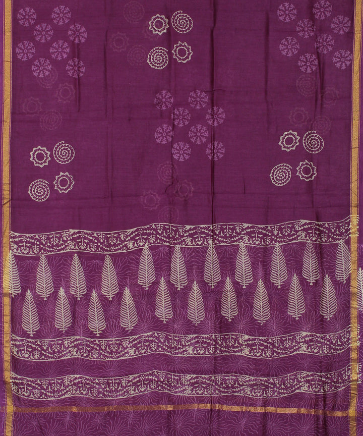 Purple hand block printed cotton silk dress material set