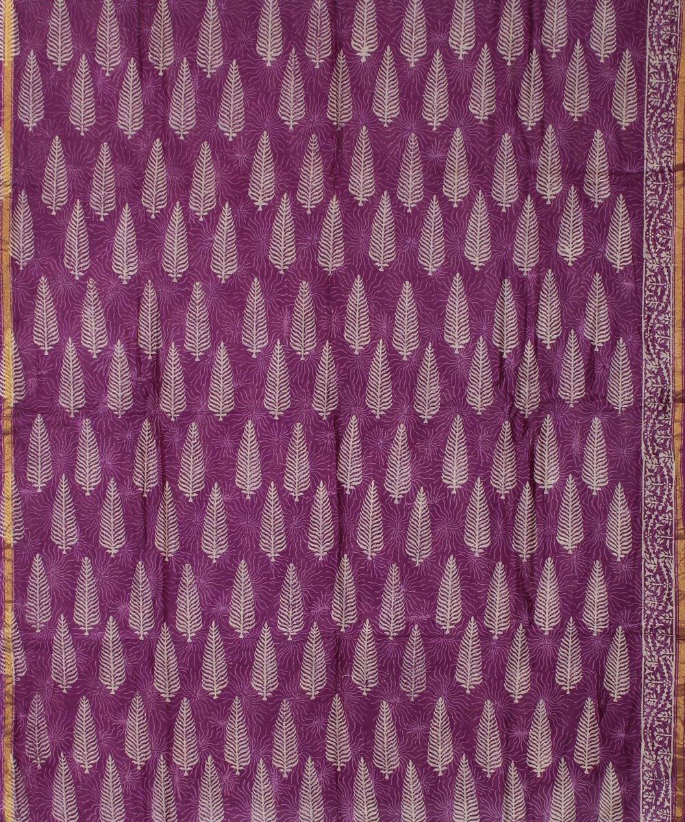 Purple hand block printed cotton silk dress material set