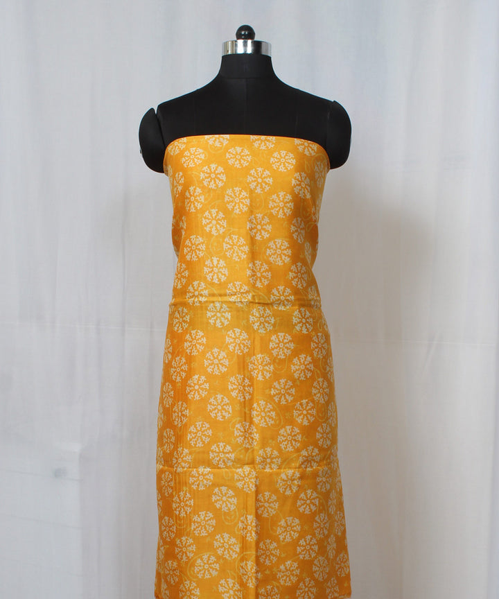 Yellow hand block print cotton silk dress material set