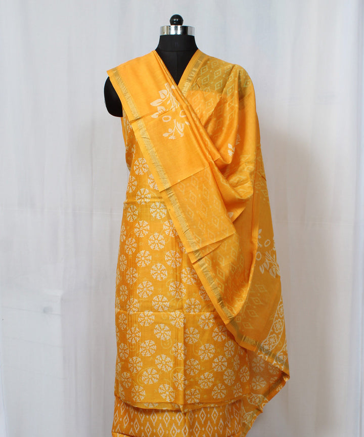 Yellow hand block print cotton silk dress material set