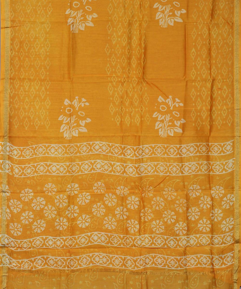 Yellow hand block print cotton silk dress material set