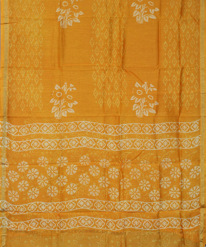 Yellow hand block print cotton silk dress material set