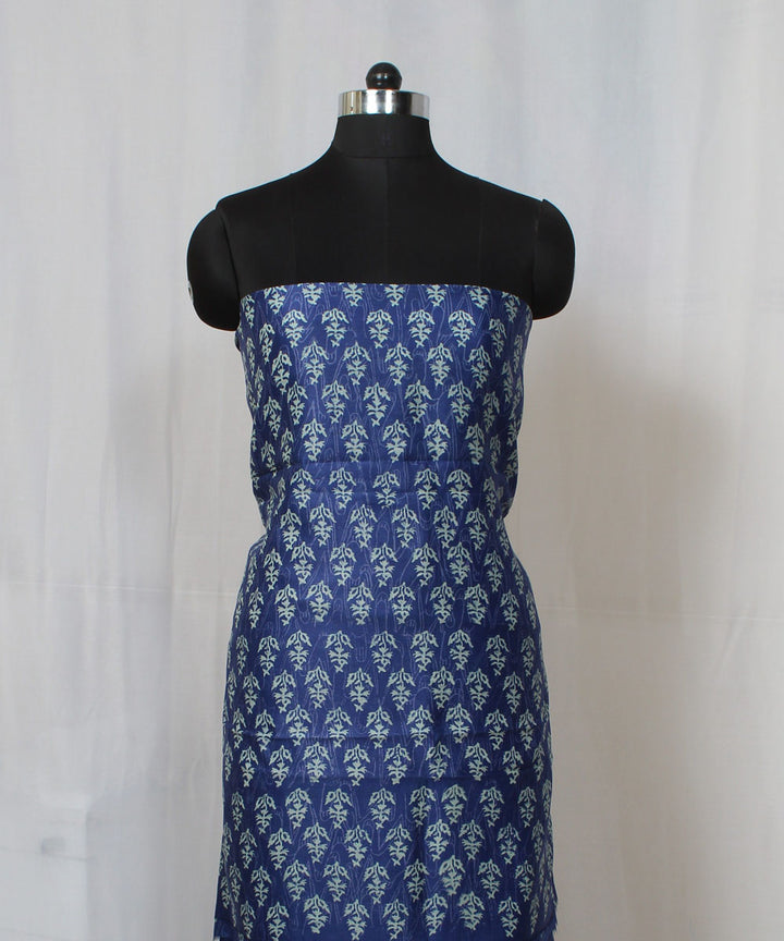 Blue hand block print cotton silk dress material set