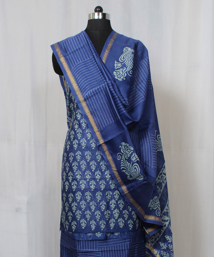 Blue hand block print cotton silk dress material set
