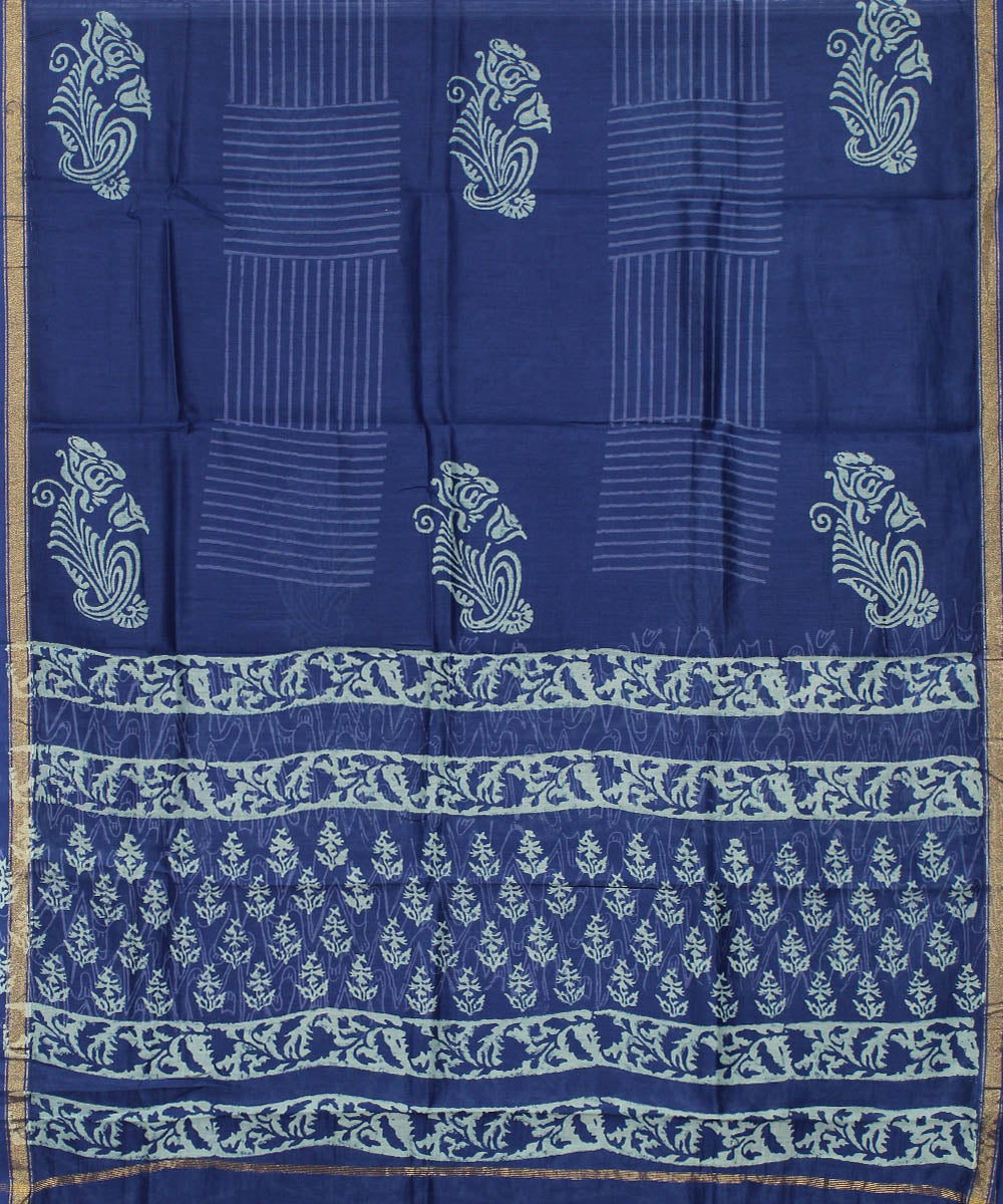 Blue hand block print cotton silk dress material set