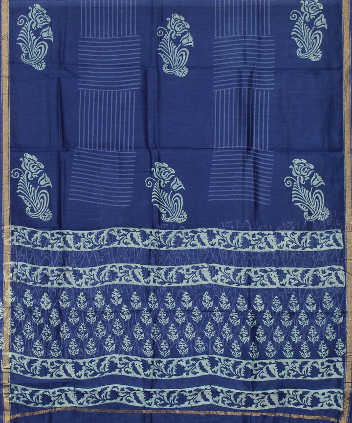 Blue hand block print cotton silk dress material set