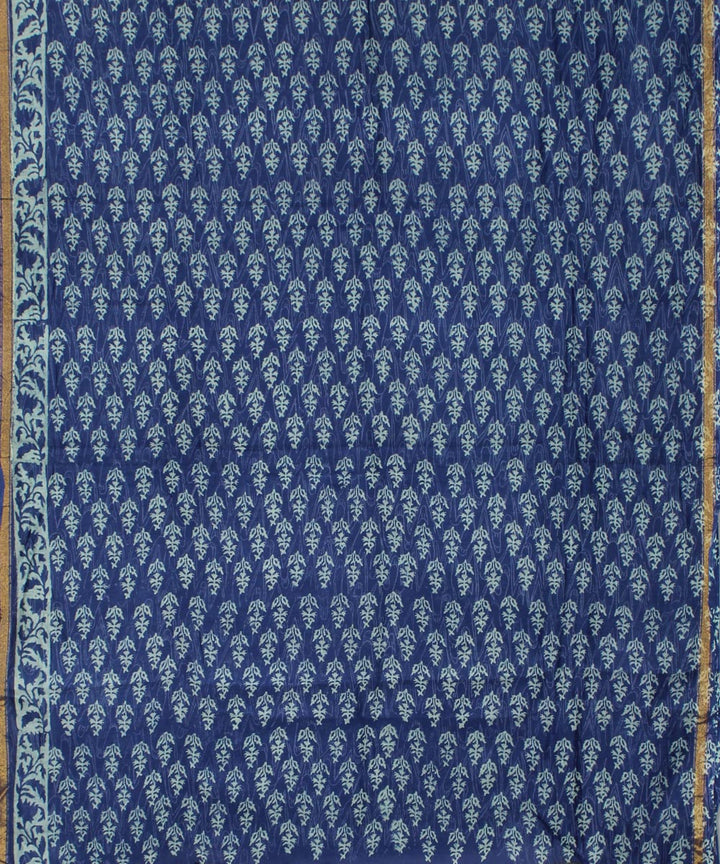 Blue hand block print cotton silk dress material set