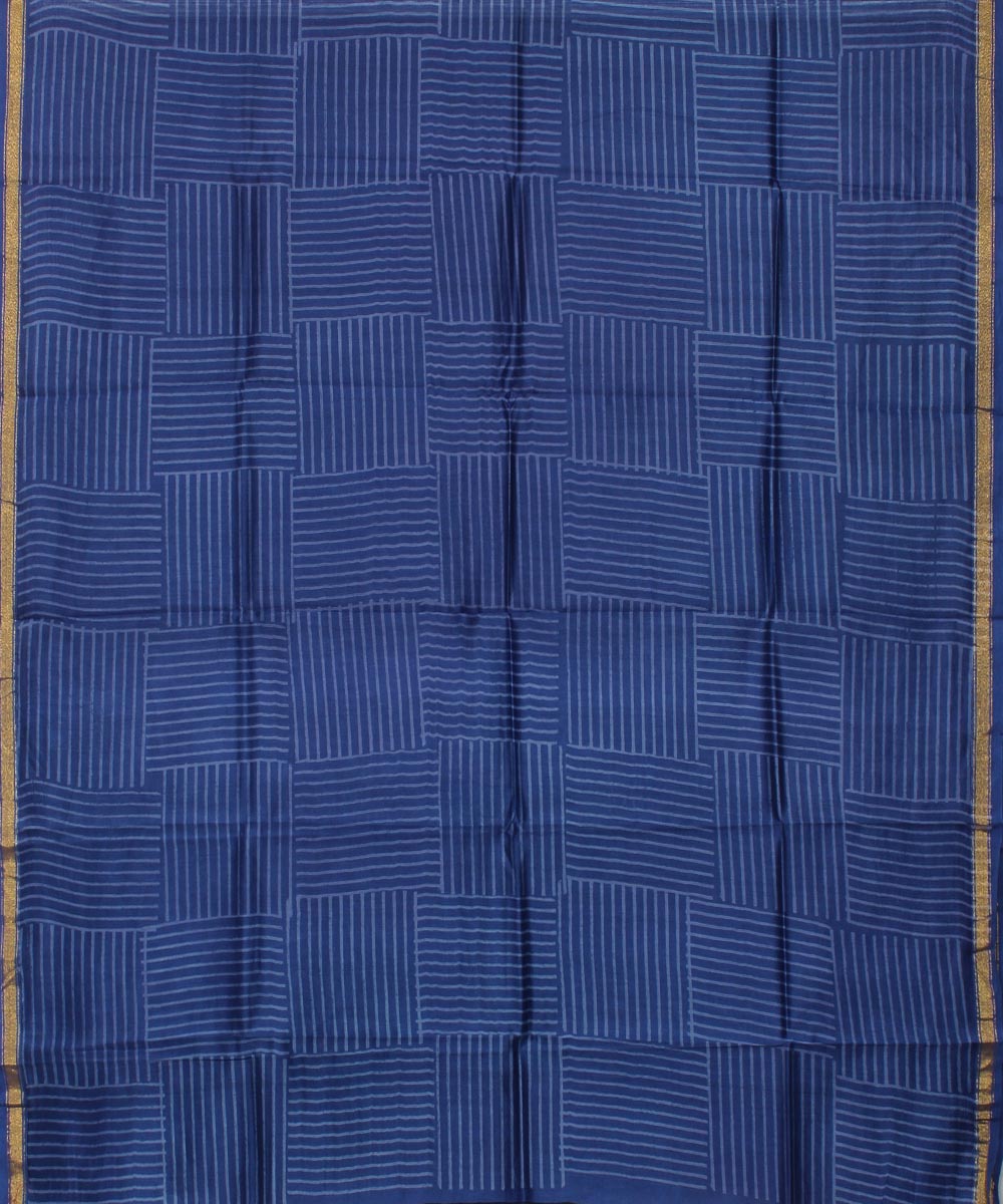 Blue hand block print cotton silk dress material set
