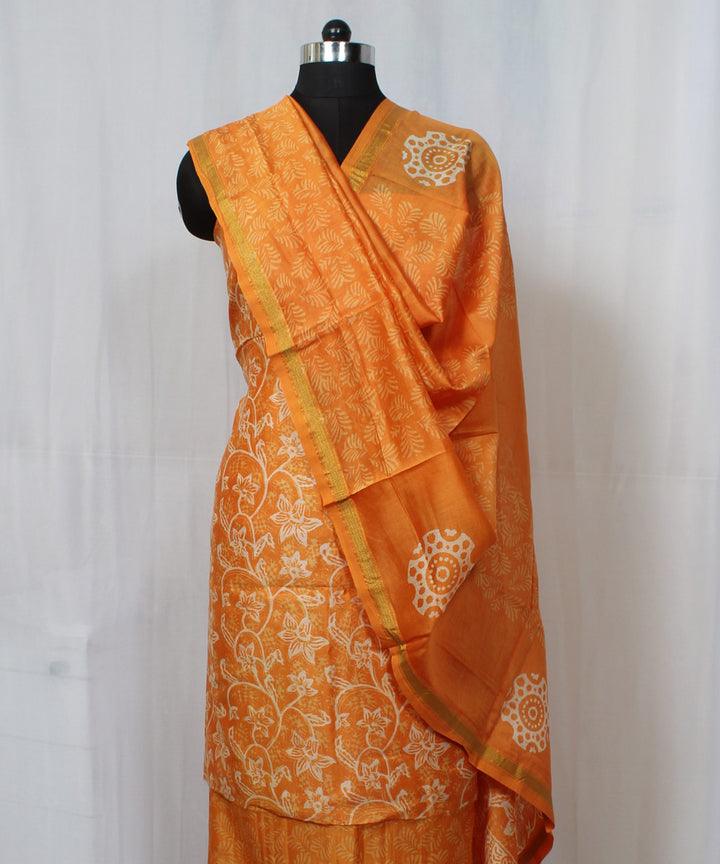 Yellow hand block print cotton silk dress material