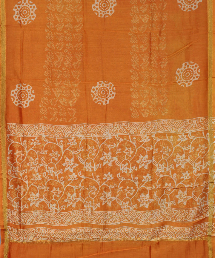 Yellow hand block print cotton silk dress material