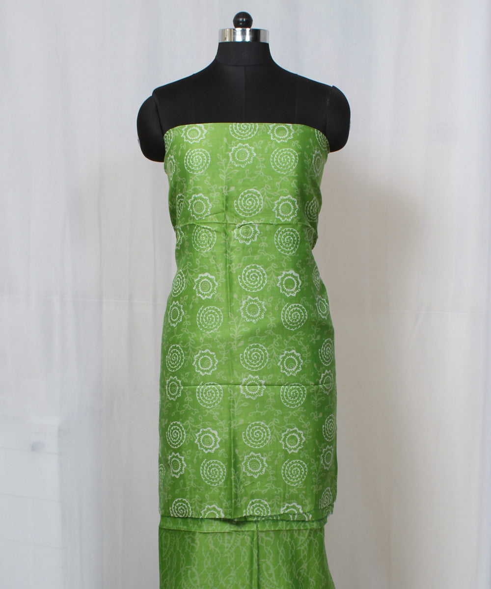 Green hand block print cotton silk dress material set