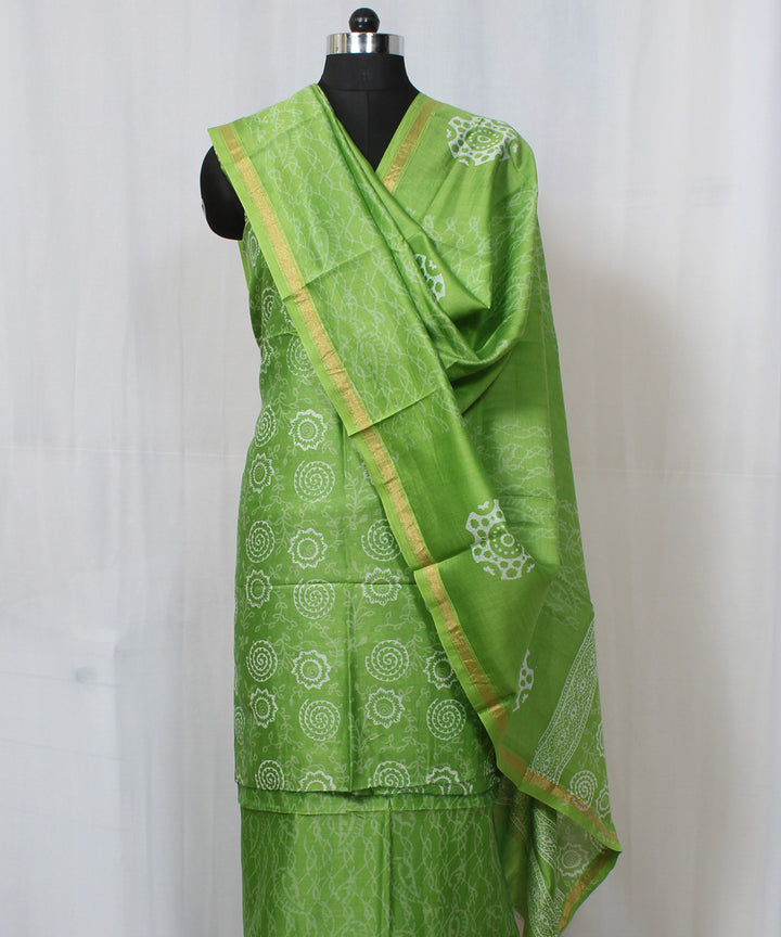 Green hand block print cotton silk dress material set