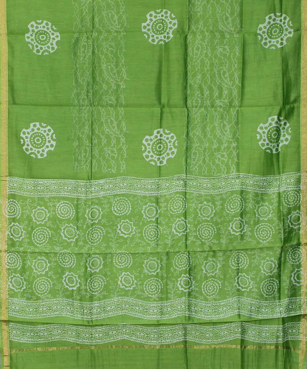 Green hand block print cotton silk dress material set