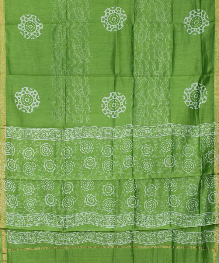 Green hand block print cotton silk dress material set