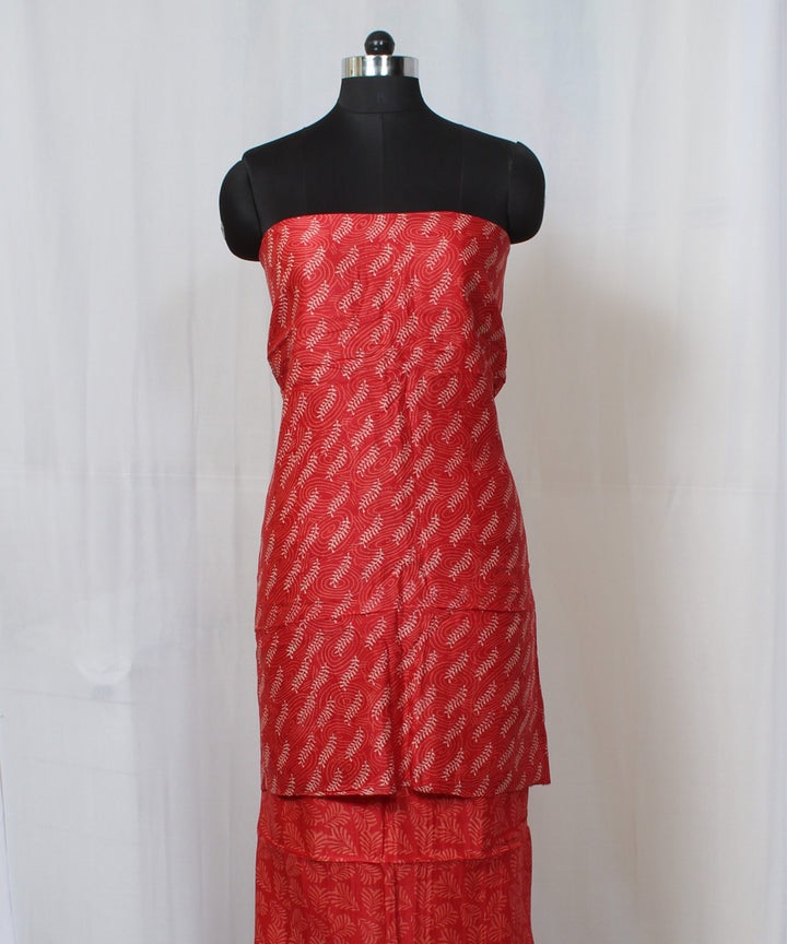 Red handblock print cotton silk dress material set