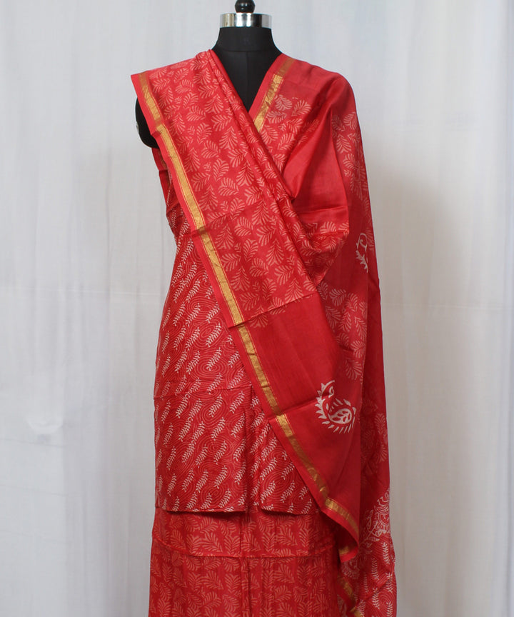 Red handblock print cotton silk dress material set