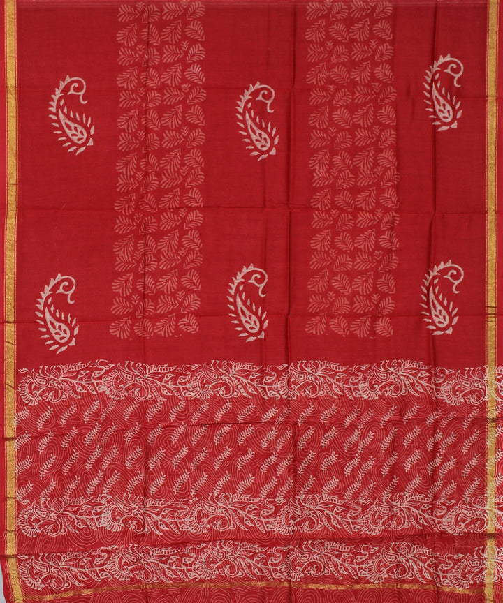 Red handblock print cotton silk dress material set