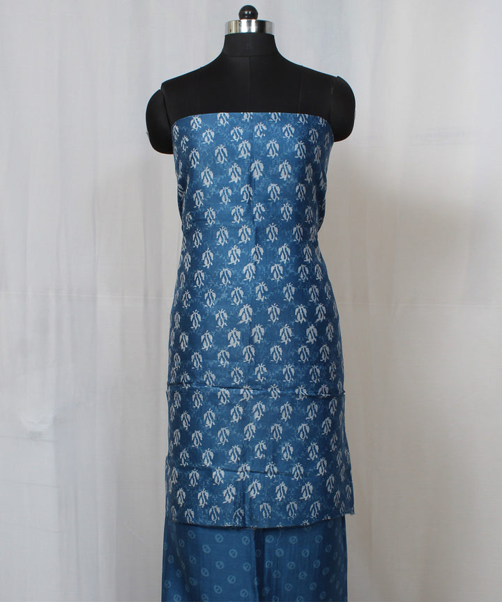 Blue handblock print cotton silk dress material set