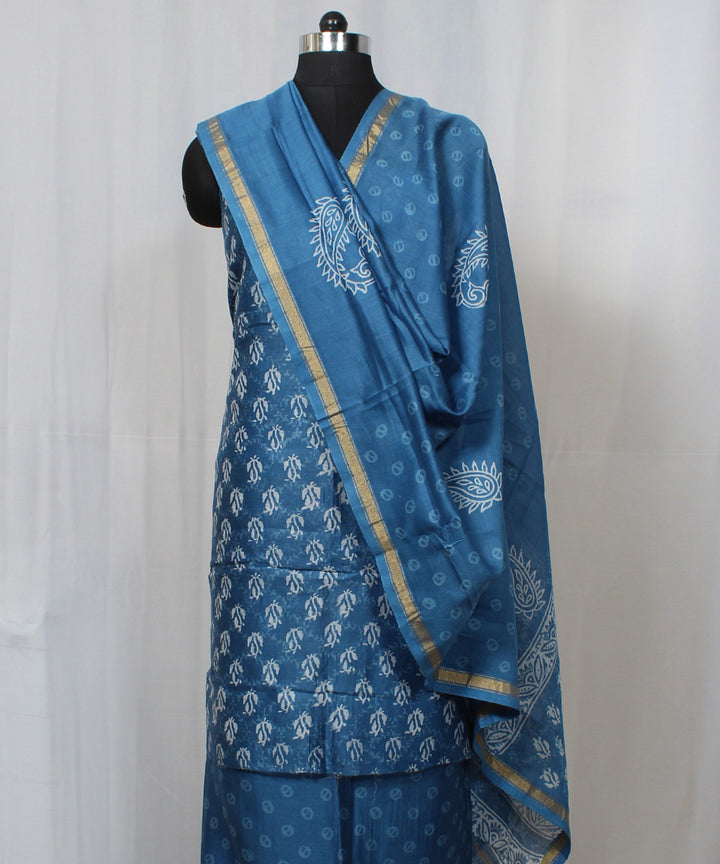 Blue handblock print cotton silk dress material set