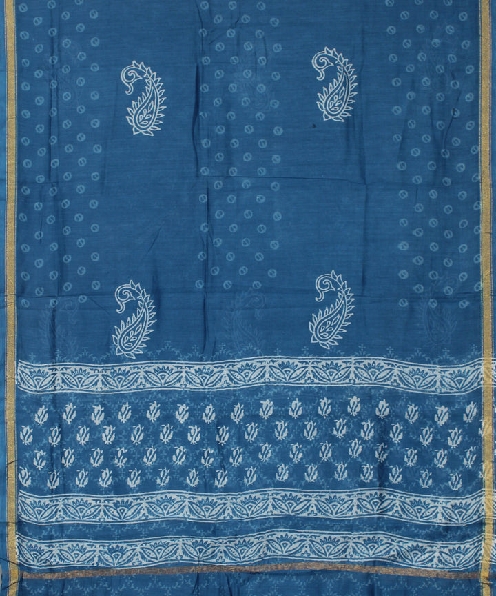 Blue handblock print cotton silk dress material set