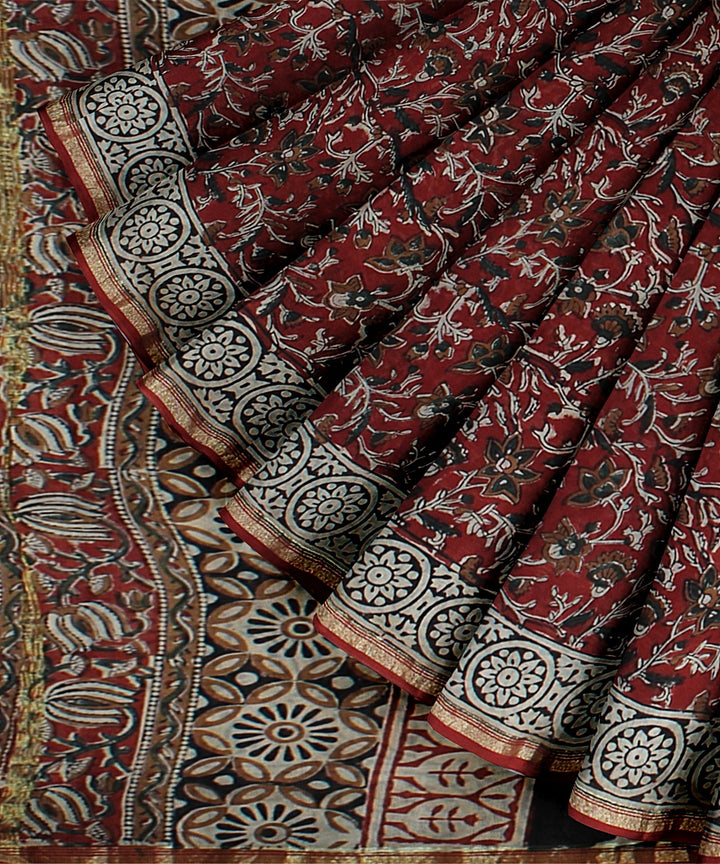 red black hand printed cotton silk chanderi saree