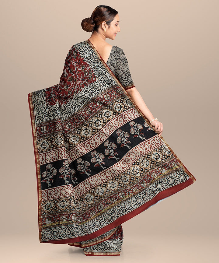 red black hand printed cotton silk chanderi saree