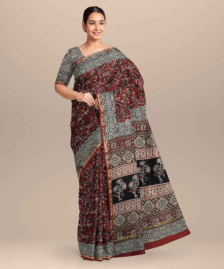 red black hand printed cotton silk chanderi saree