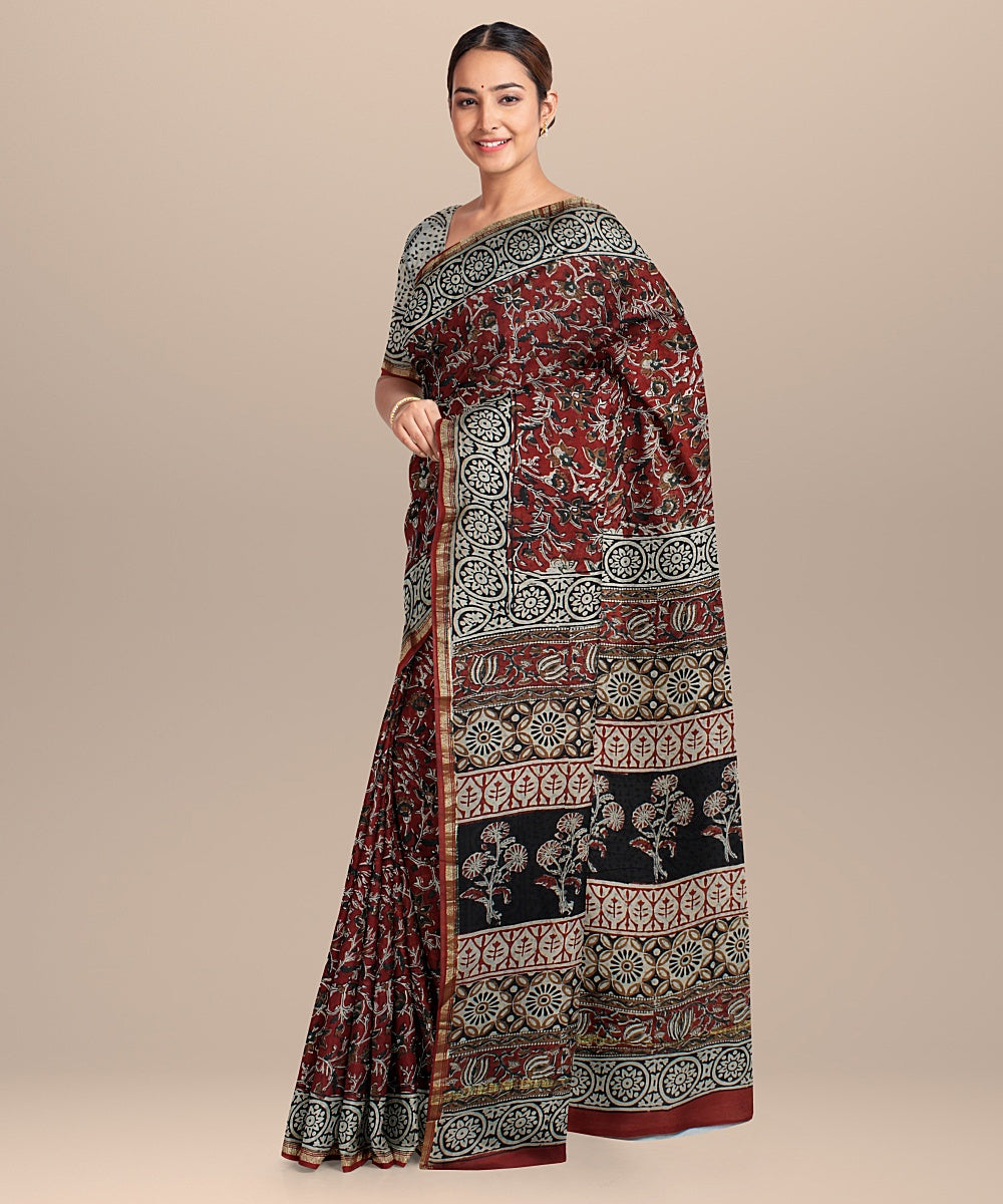 red black hand printed cotton silk chanderi saree