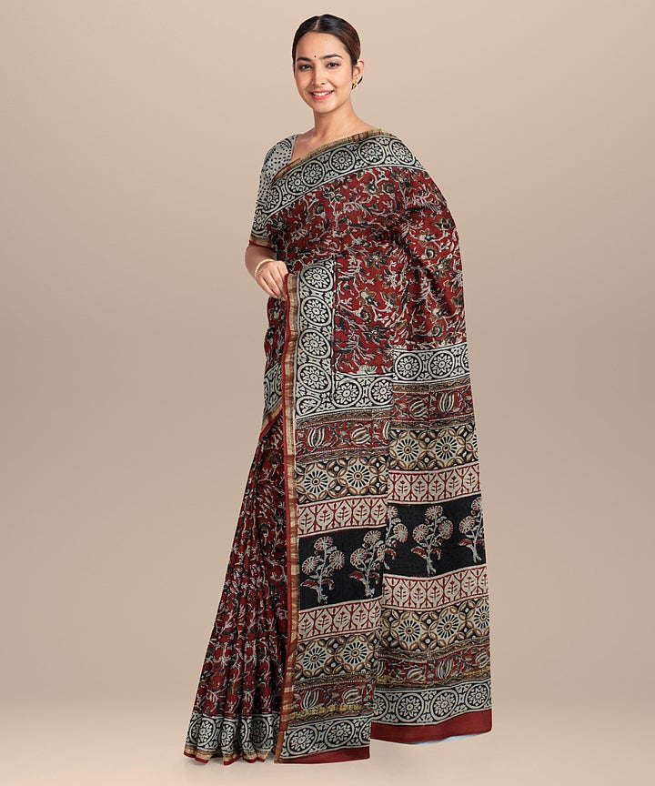 red black hand printed cotton silk chanderi saree