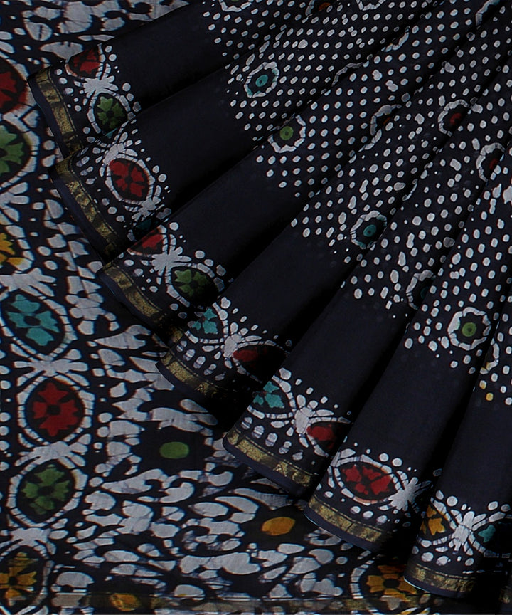 black offwhite cotton silk hand printed chanderi saree