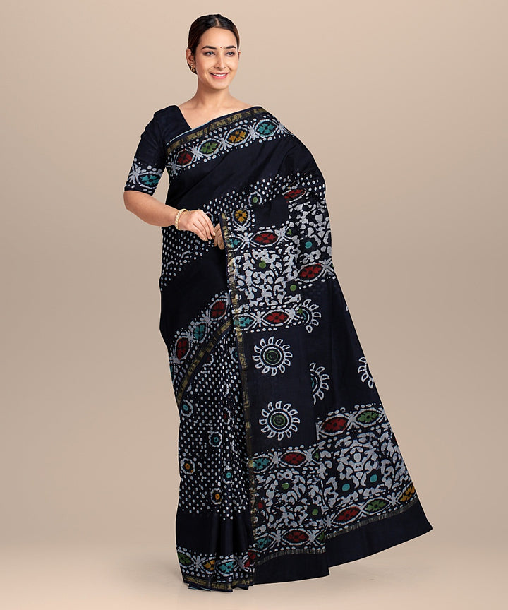 black offwhite cotton silk hand printed chanderi saree
